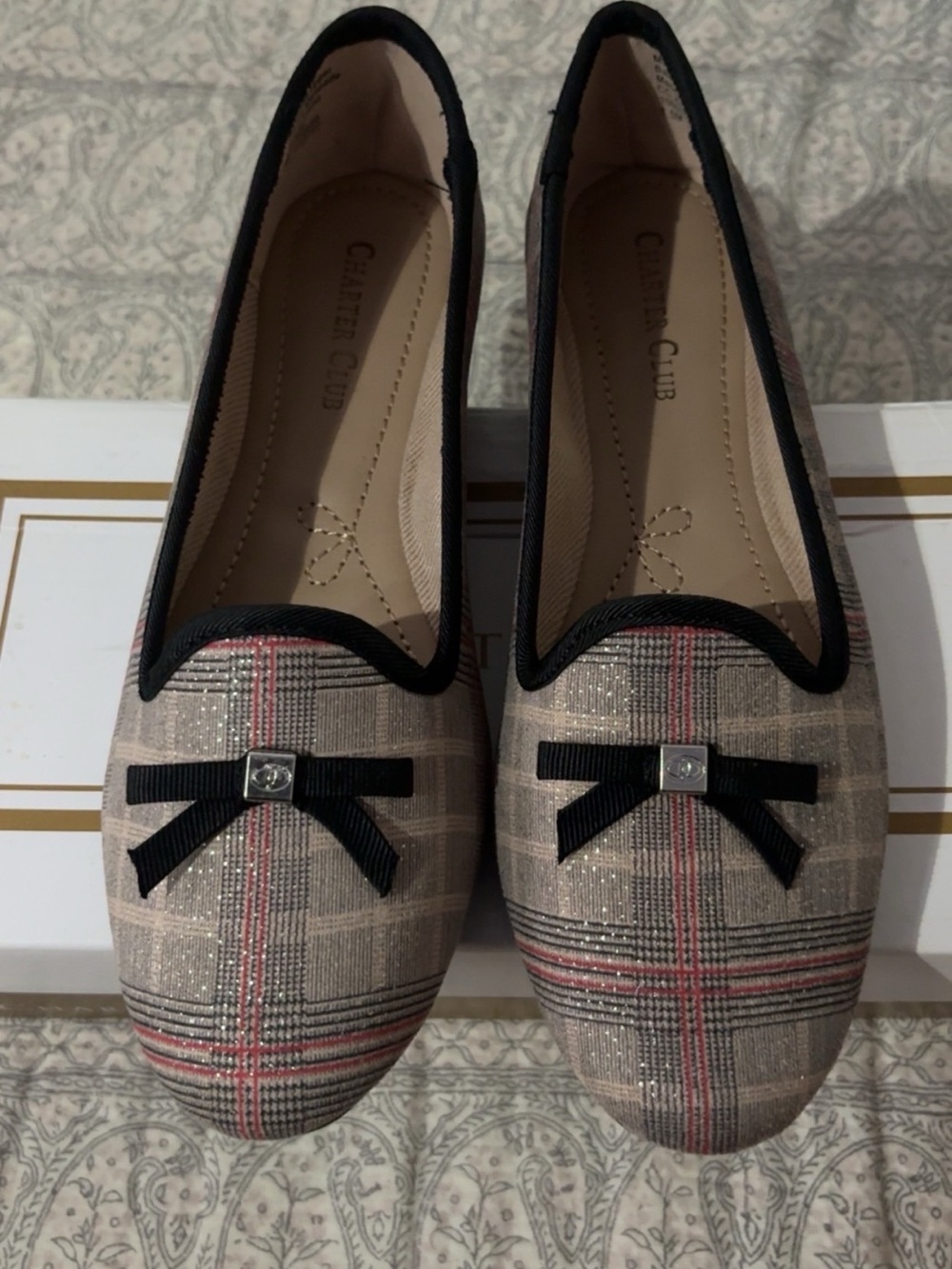 Charter Club Plaid Bow Flats in Beige, Black and Red Accent - Picture 1 of 4